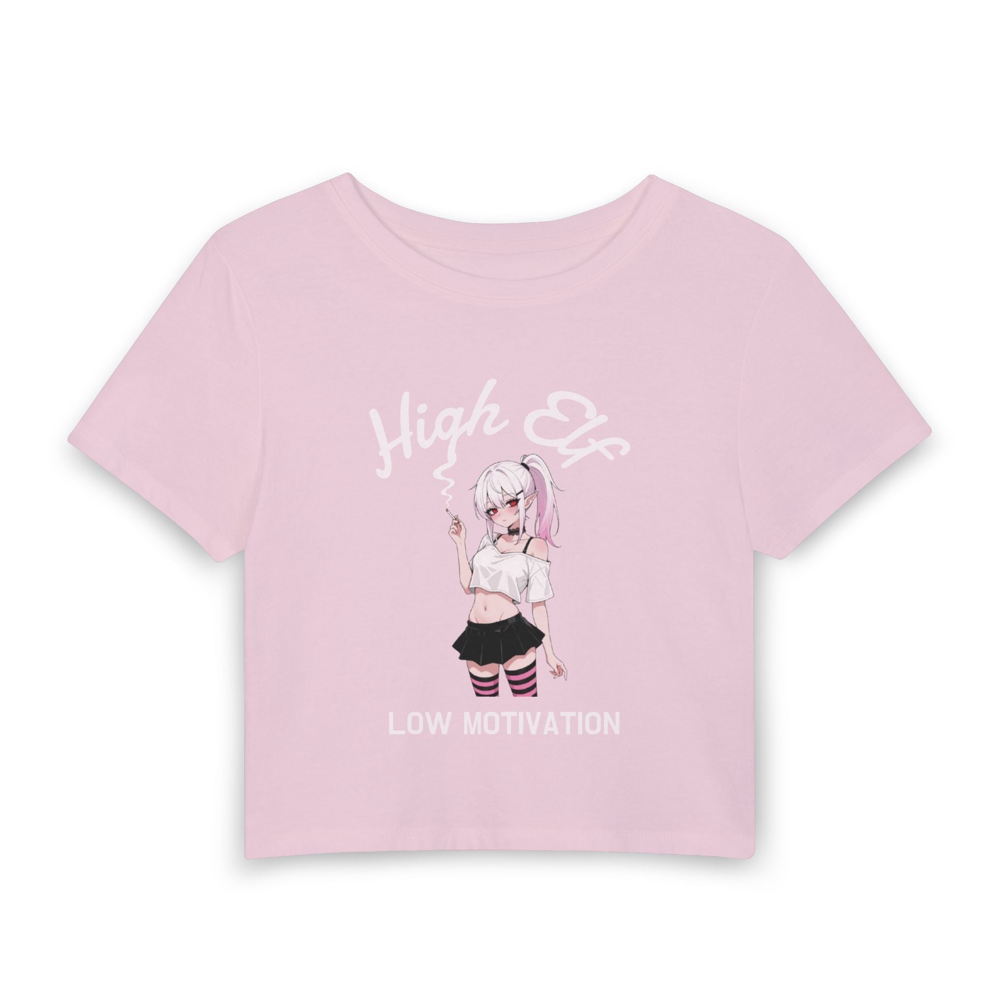High Elf Anime Tee — "Low Motivation" Cute Goth Aesthetic T-Shirt (Cropped)