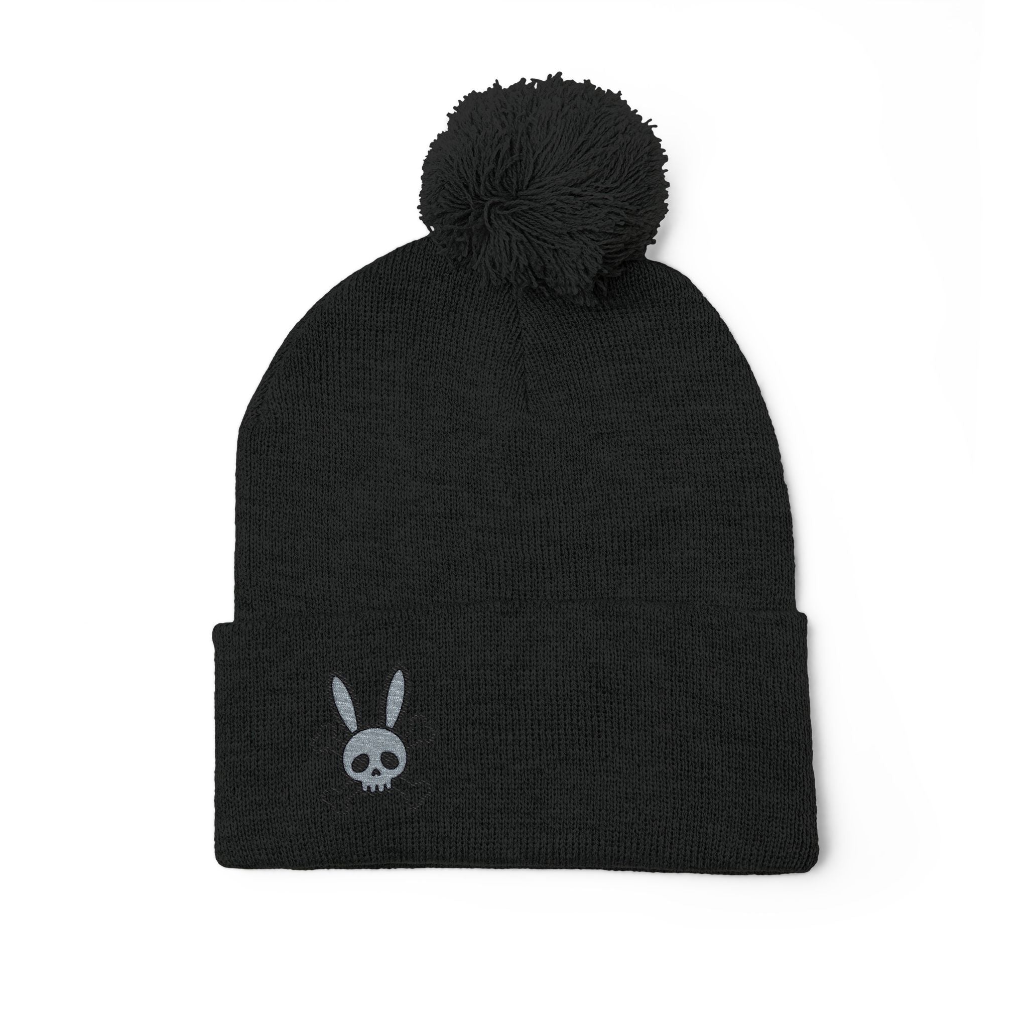 Embroidered Bunny Skull Pom-Pom Knit Cap — Gothic Winter Beanie