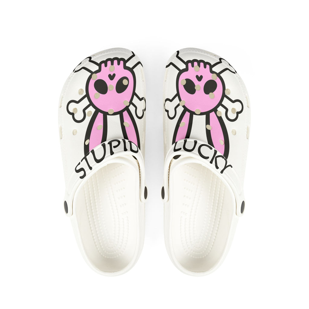Pink Skull Bunny Slip-On Shoes — "Stupid Lucky" Waterproof Foam Clogs