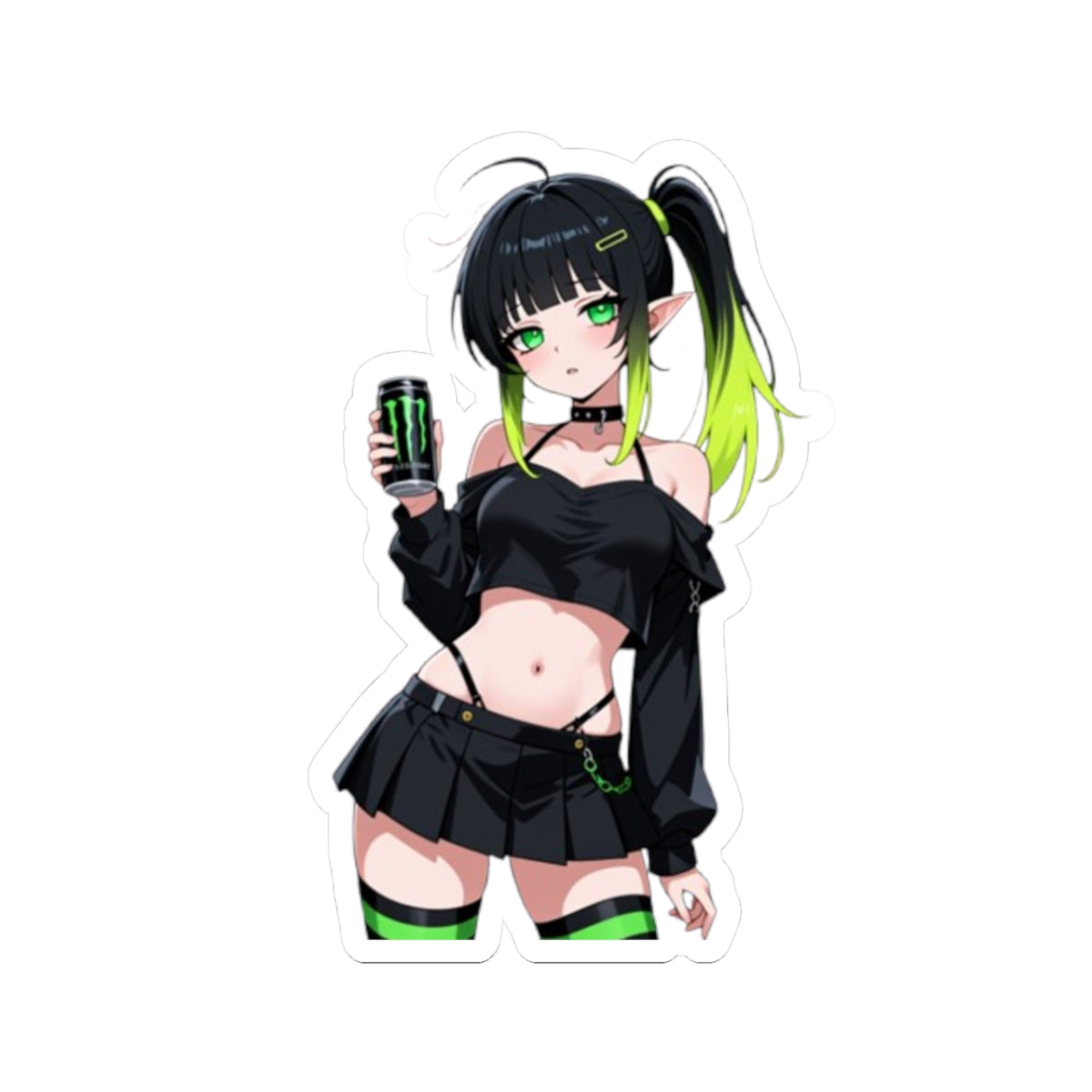 Anime Girl Energy Drink Sticker — Neon Goth Kiss-Cut Vinyl