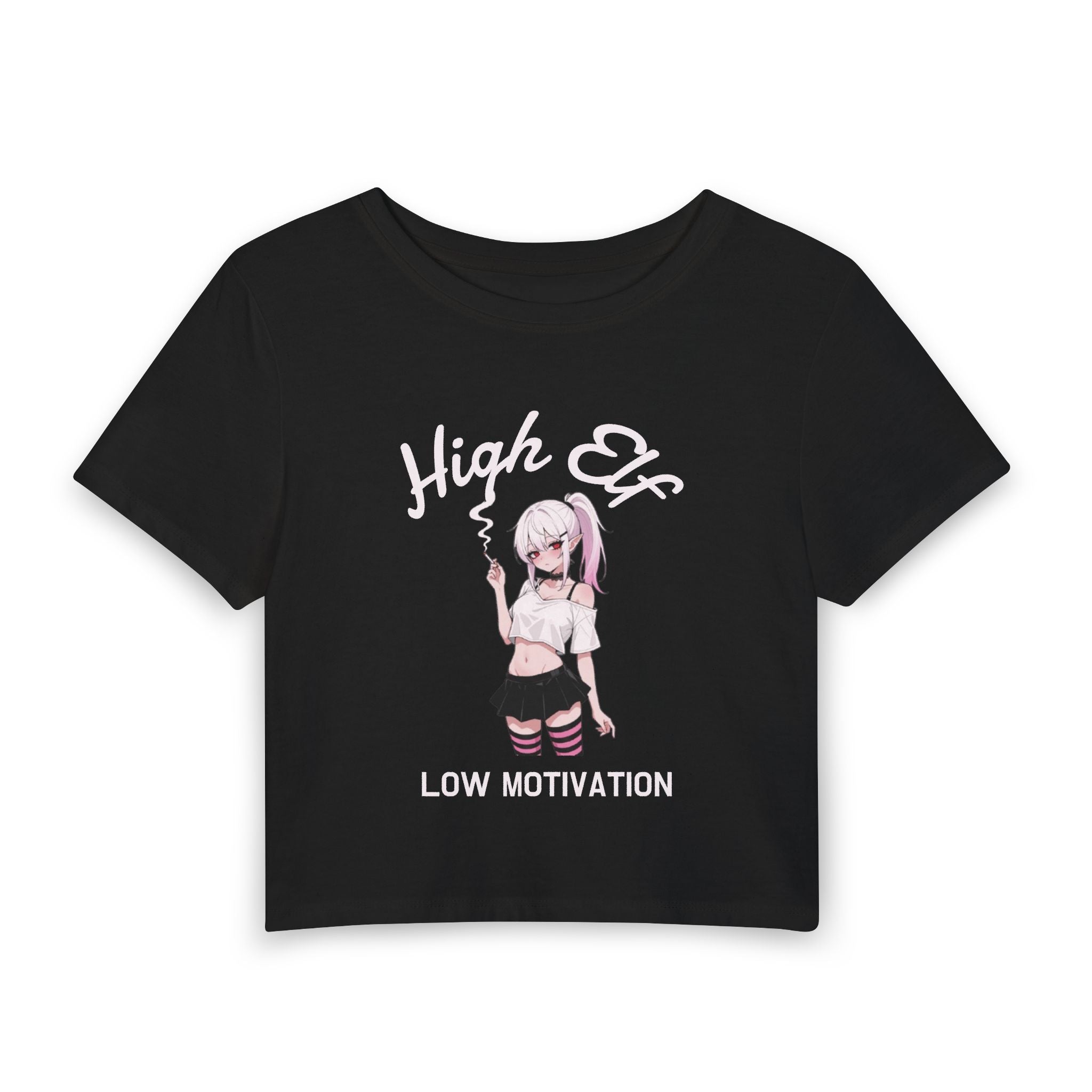 High Elf Anime Tee — "Low Motivation" Cute Goth Aesthetic T-Shirt (Cropped)