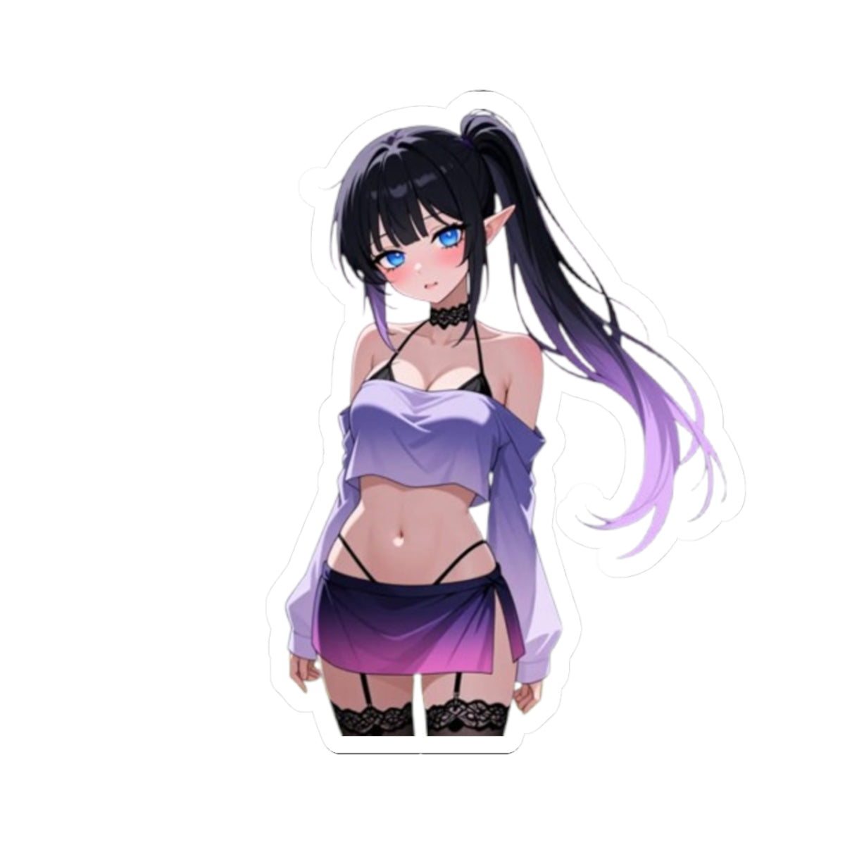 Anime Kiss-Cut Sticker — Black and Purple Elf Woman
