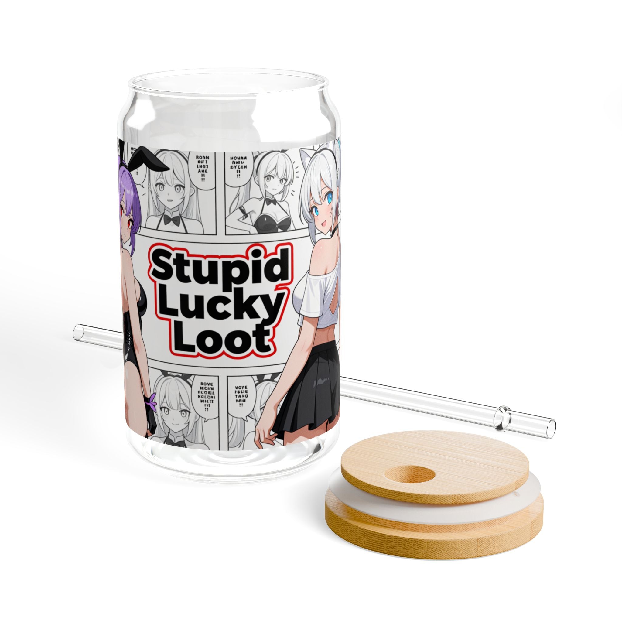 Manga Style Anime Glass Tumbler with Bamboo Lid & Straw | 16oz