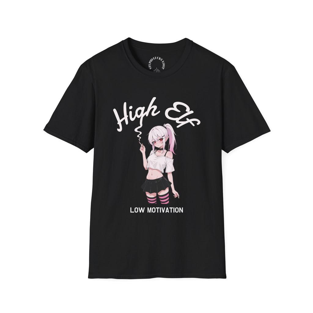 High Elf Anime Tee — "Low Motivation" Cute Goth Aesthetic T-Shirt
