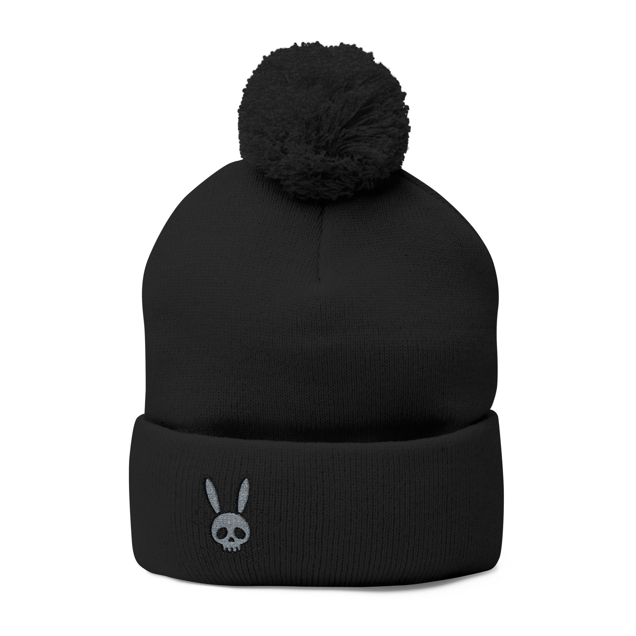 Embroidered Bunny Skull Pom-Pom Knit Cap — Gothic Winter Beanie